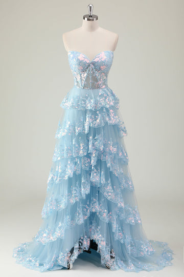 Glitter Blu A Line senza spalline paillettes corsetto Tiered Abito lungo da ballo